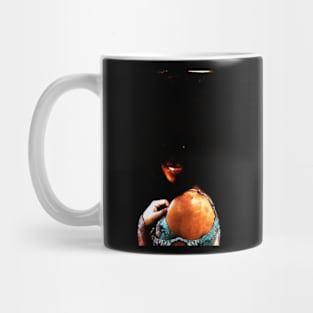 Special processing. Dark side. Girl with not visible face parts. Orange and blue. Mug